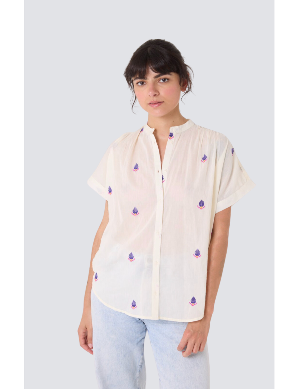 blouse brodée manches courtes col mao maya - blouse brodée manches courtes col mao maya -