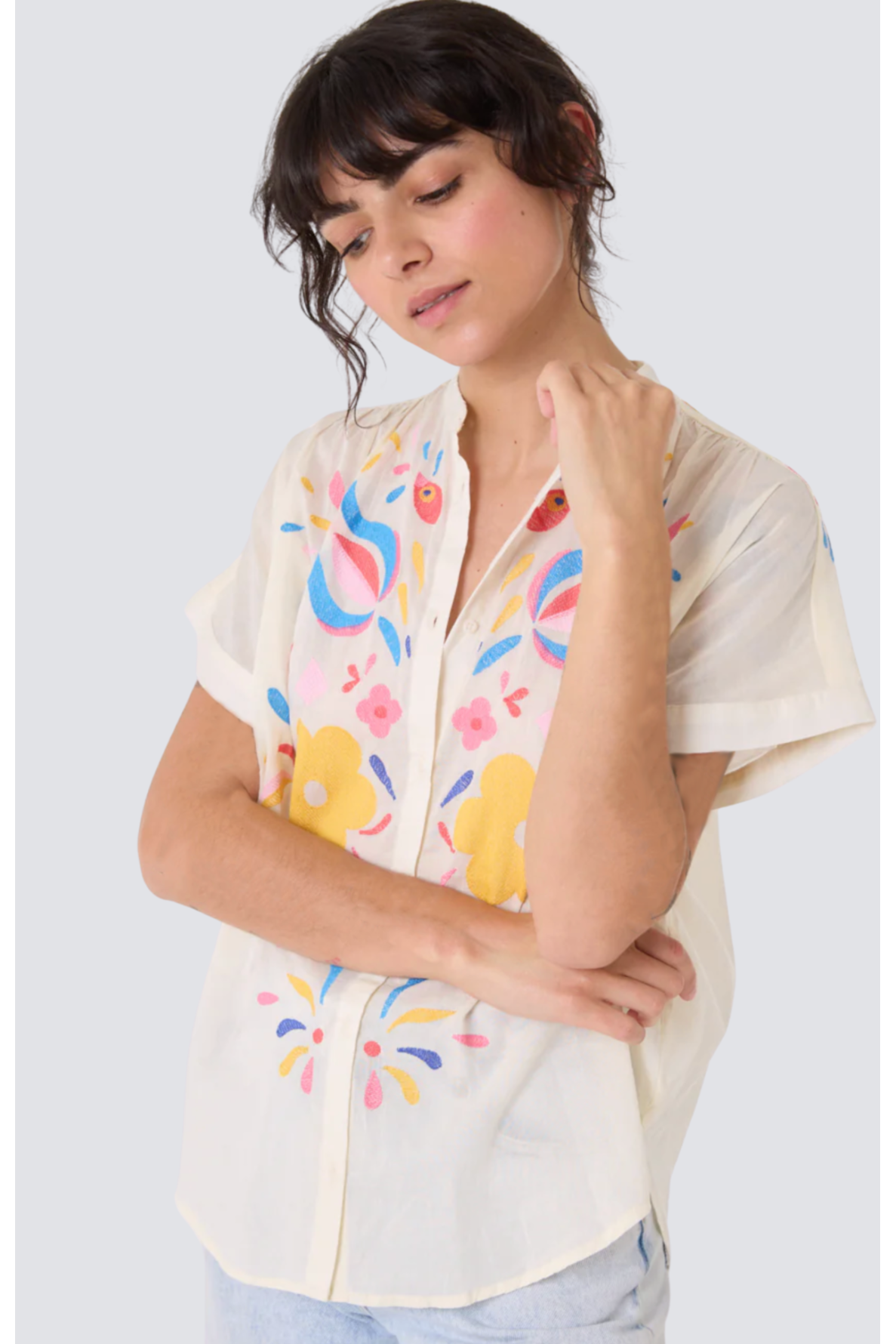 blouse brodée manches courtes col mao maya - 2