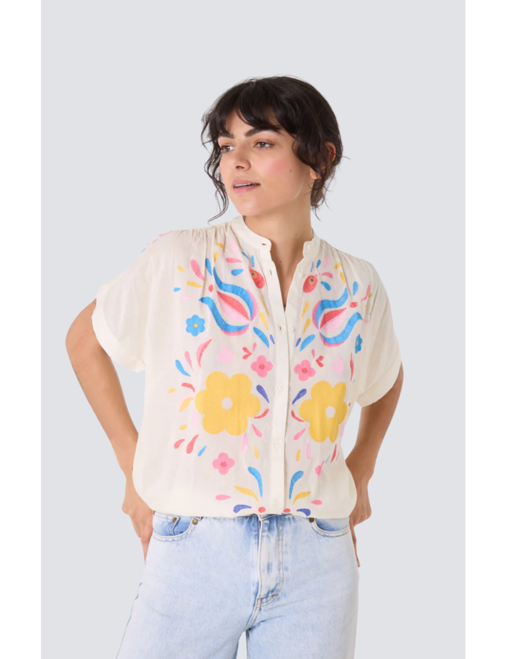 blouse brodée manches courtes col mao maya - 