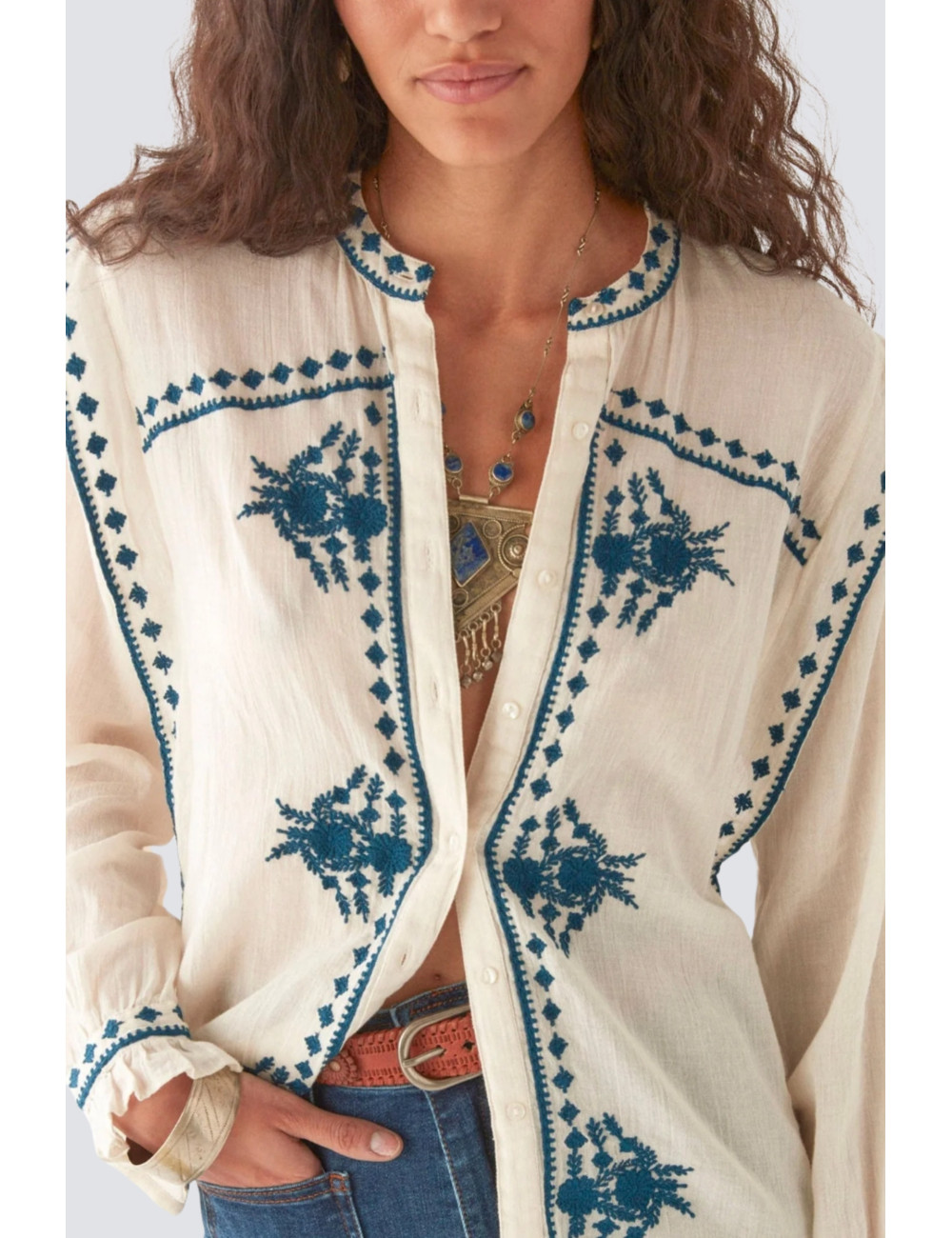 blouse unie en coton avec broderie - 
