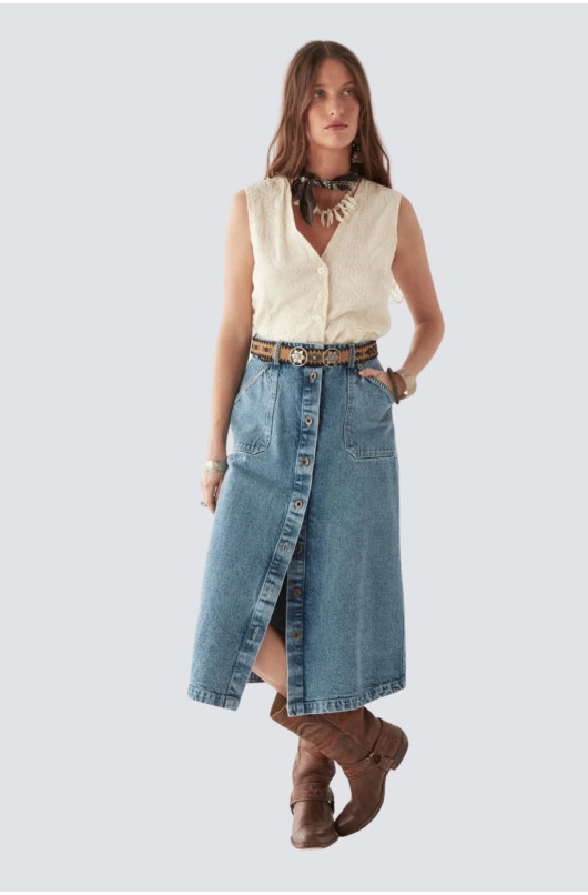 jupe longue unie imitation jeans - 4