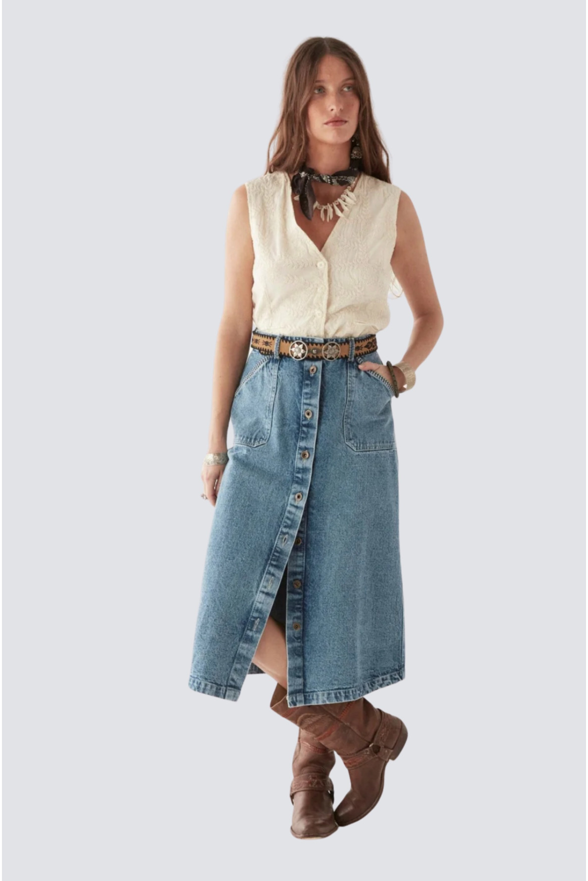 jupe longue unie imitation jeans - 4