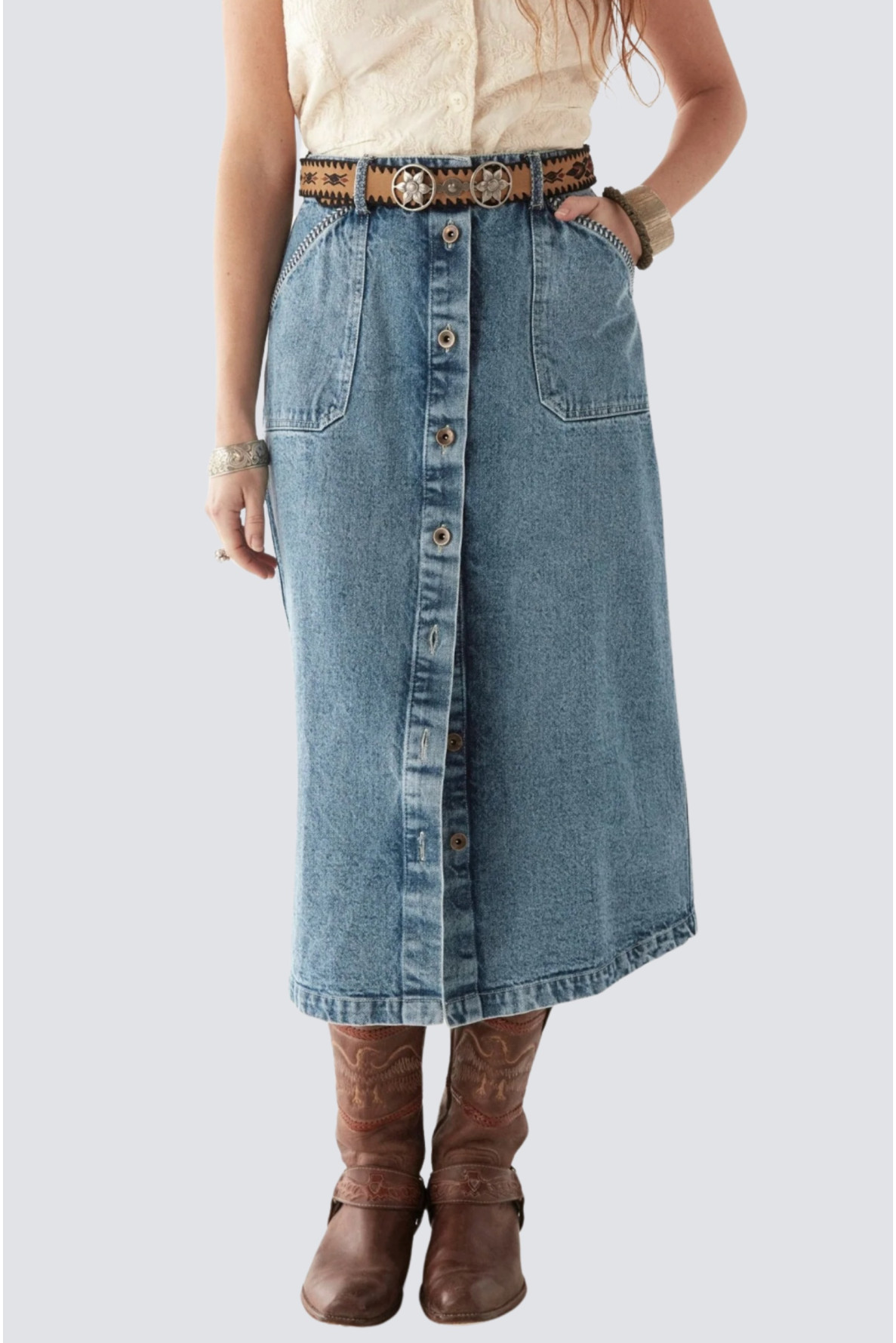 jupe longue unie imitation jeans - 1