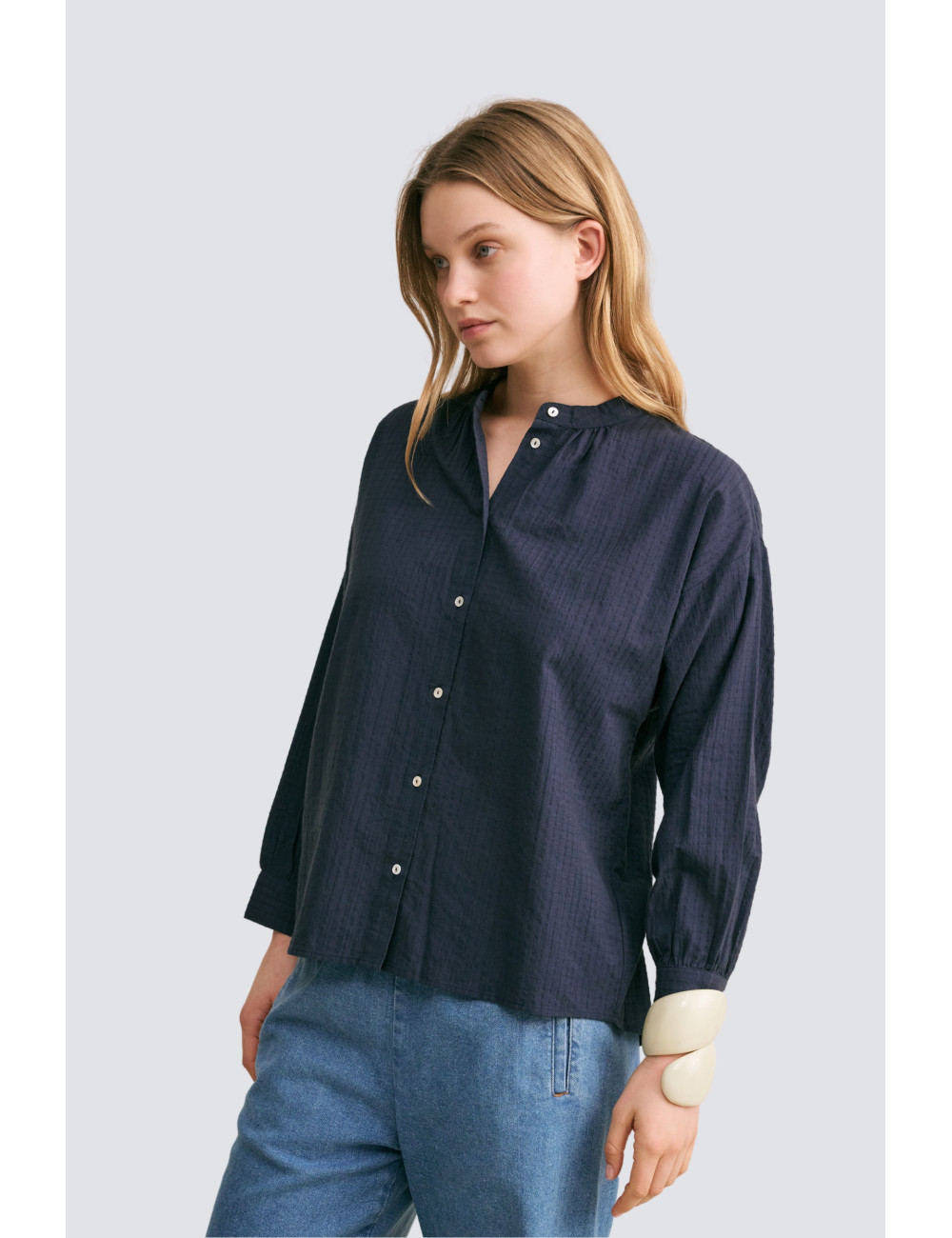 chemise coton col mao petits carreaux - 