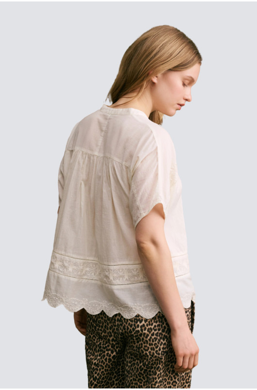 chemise coton uni col mao broderie - 4