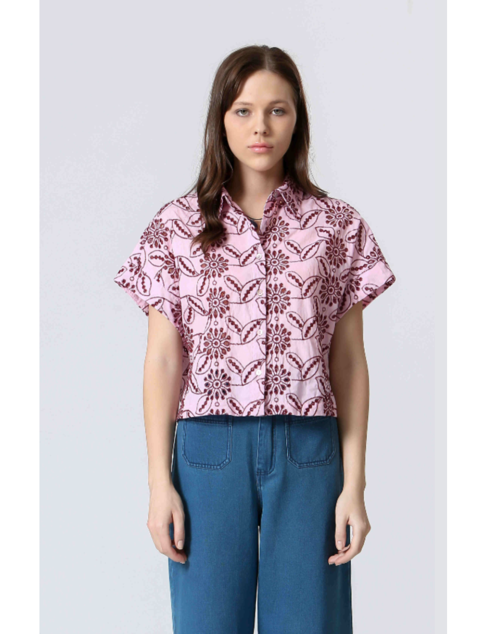 blouse coton mc et fleurs brodées - 